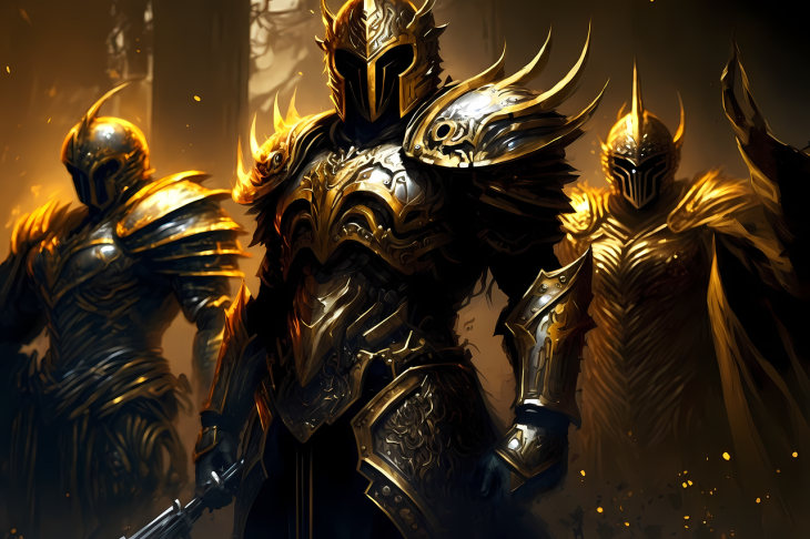Three warriors in golden armour stand, their heads turned towards the viewer.