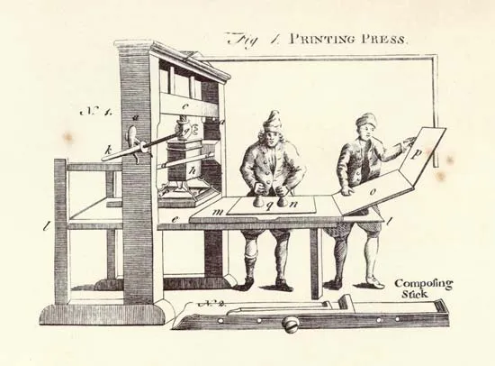 An old, hand-drawn image of two men working on a printing press.